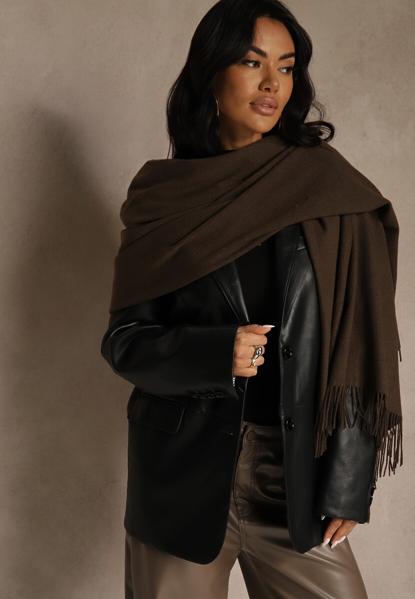 Brązowy Długi Szalik Wiskozowy z Wełną Ozdobiony Frędzlami Portina 1