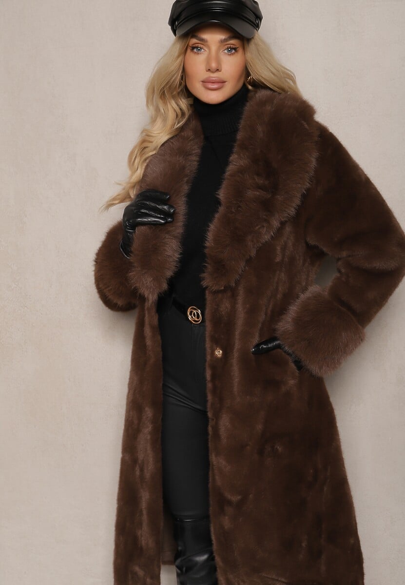 Brązowy Futrzany Płaszcz z Wiązanym Paskiem Ozdobnym Kołnierzem i Mankietami Viaressa 3