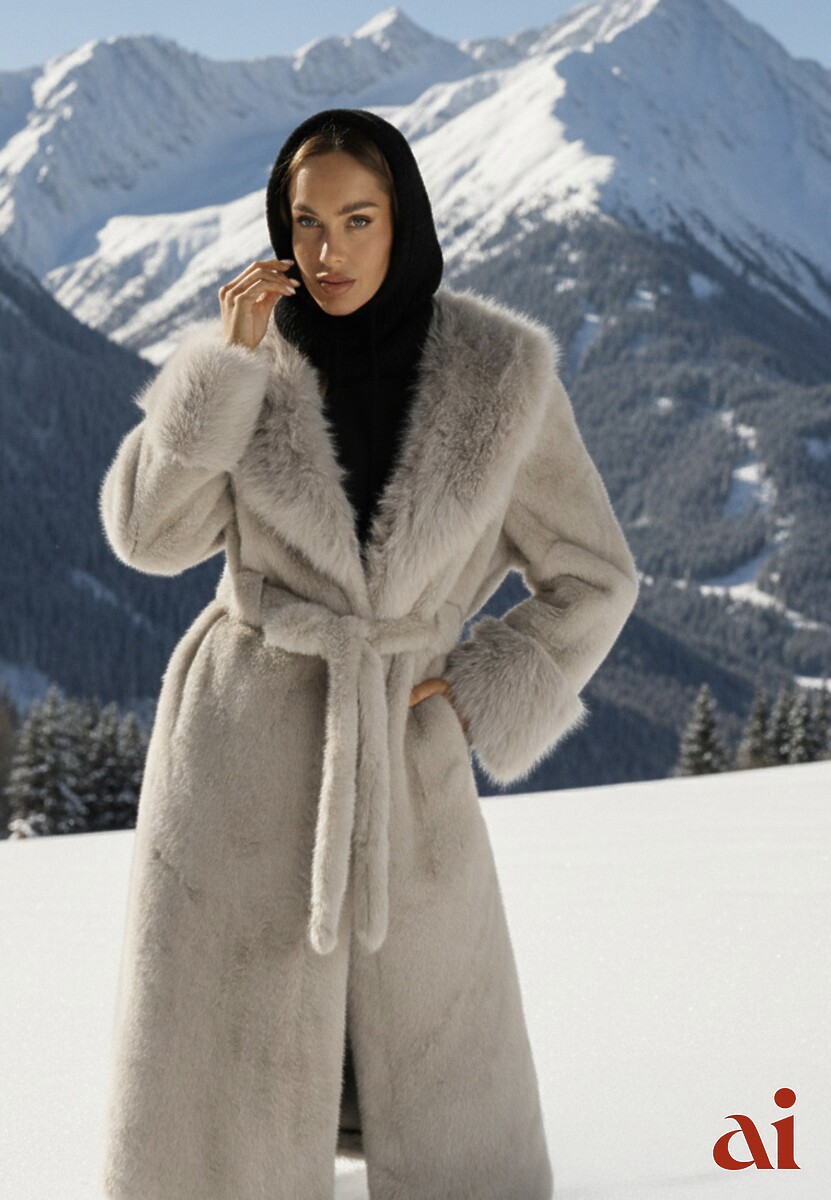 Szary Futrzany Płaszcz z Wiązanym Paskiem Ozdobnym Kołnierzem i Mankietami Viaressa 1