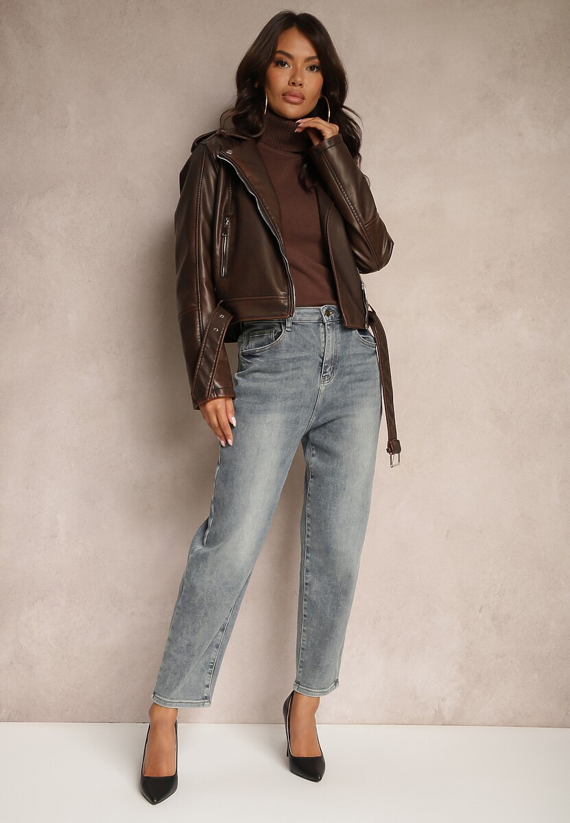 Niebiesko-Szare Jeansy z Bawełną o Kroju Mom Fit High Waist Melortia 1