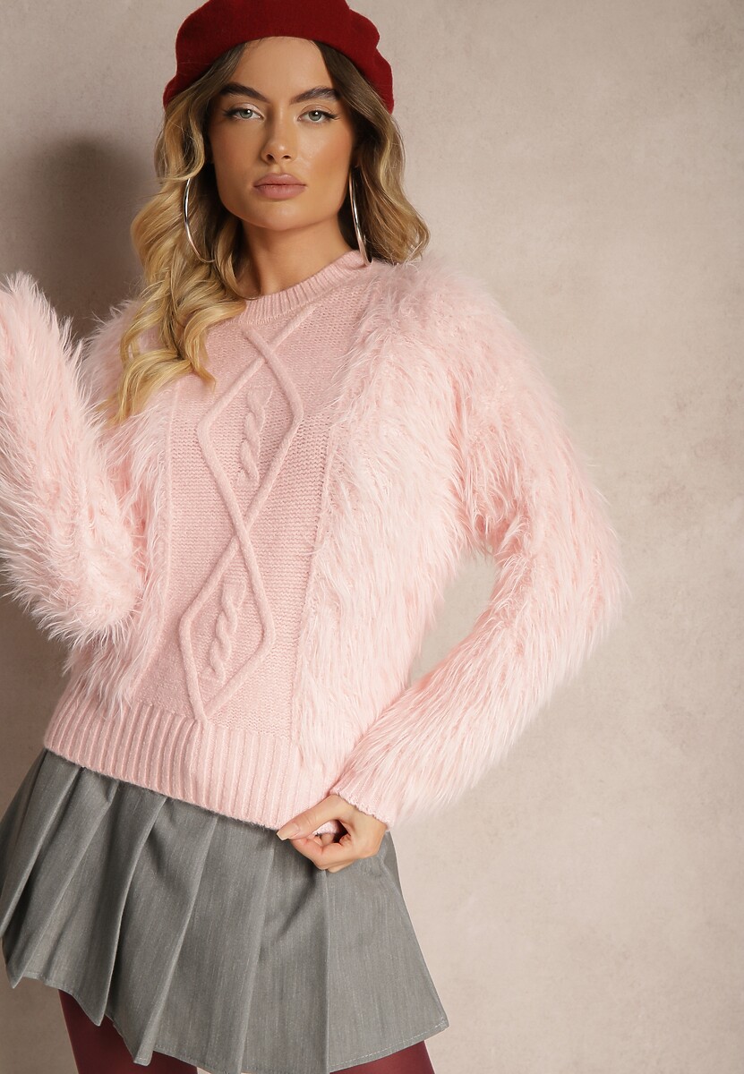 Różowy Sweter z Wełną o Fakturze Imitującej Pióra z Ozdobną Wstawką o Wzorzystym Splocie Mirirra 2
