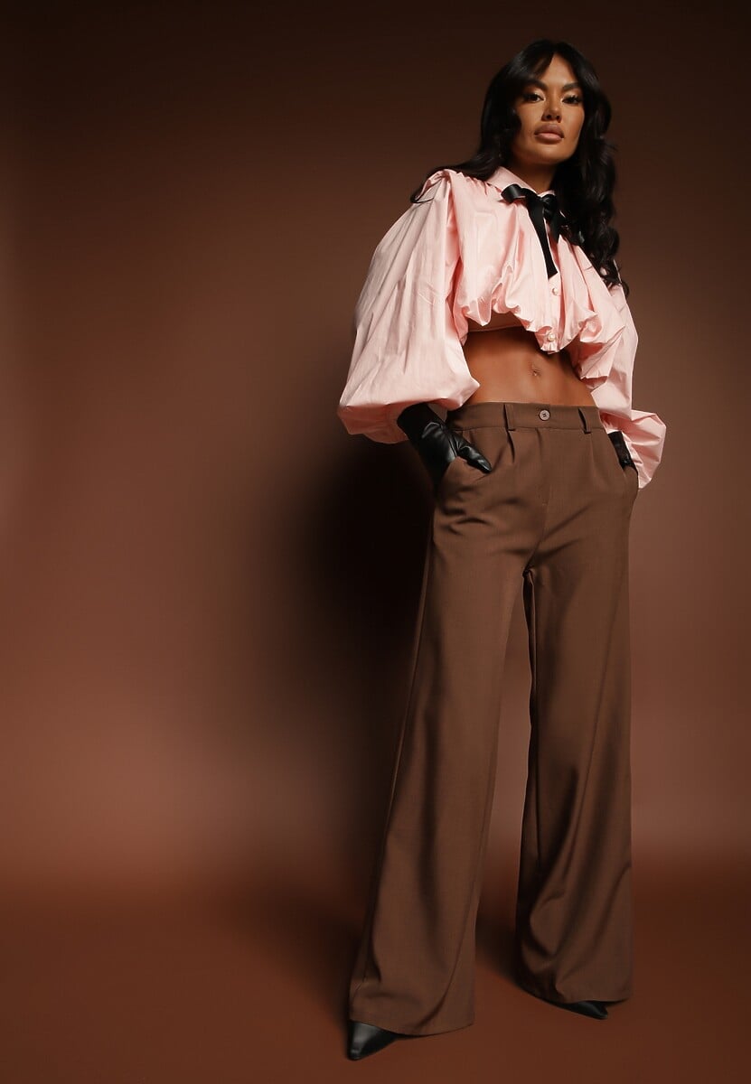 Ciemnobrązowe Szerokie Spodnie High Waist z Gumką w Pasie Eternel 2