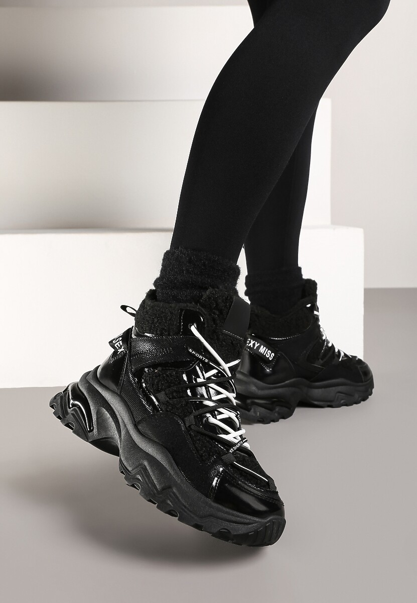 Czarne Sneakersy na Platformie Ozdobione Metaliczną Nicią i Futerkiem Volattia 3