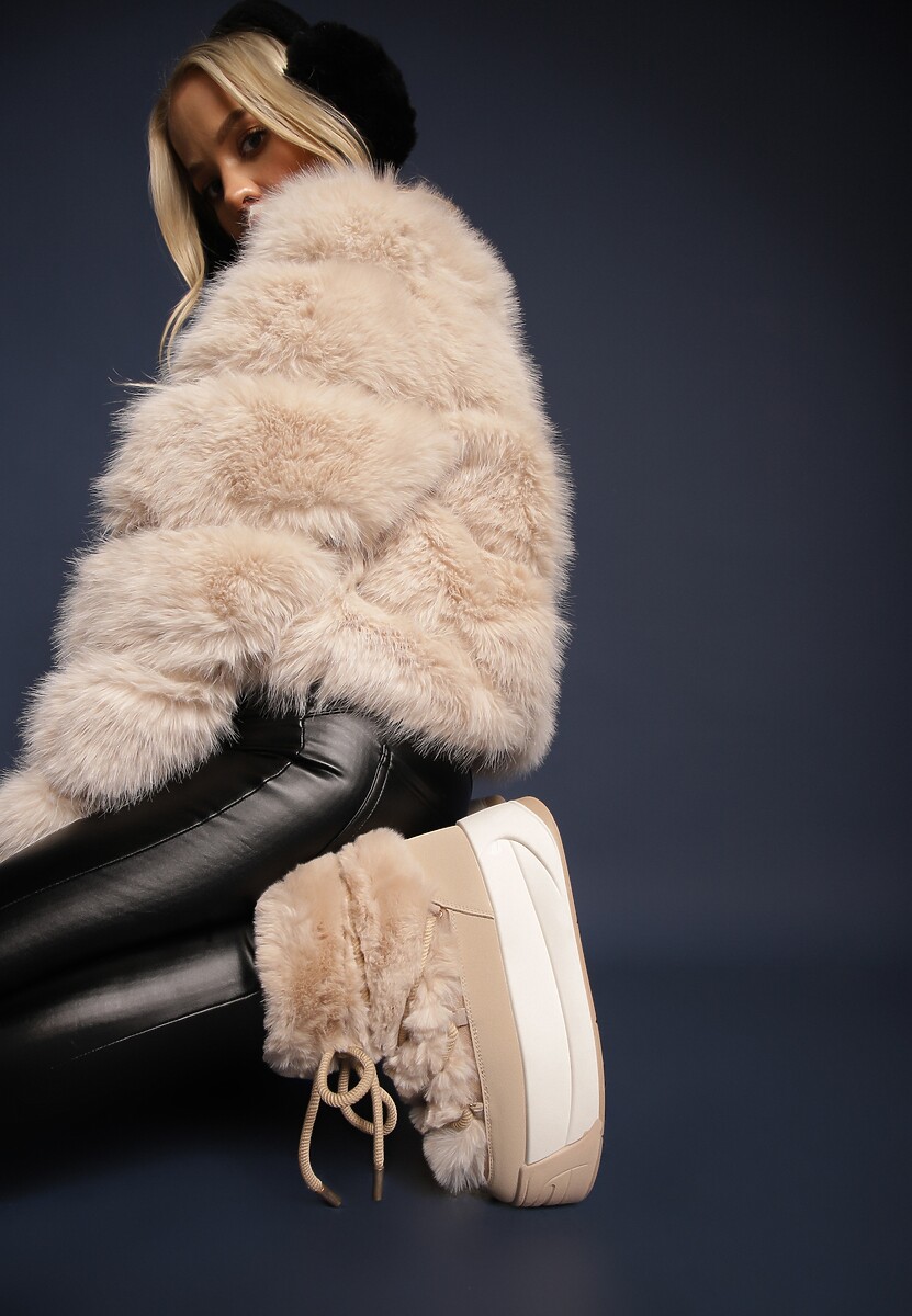 Ciemnobeżowe Futerkowe Śniegowce Wsuwane na Platformie z Imitacją Sznurówek Linettia 1