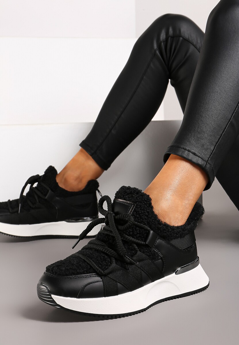 Czarne Sneakersy Zimowe z Futerkiem Barankiem na Niskiej Platformie Zinethia 2