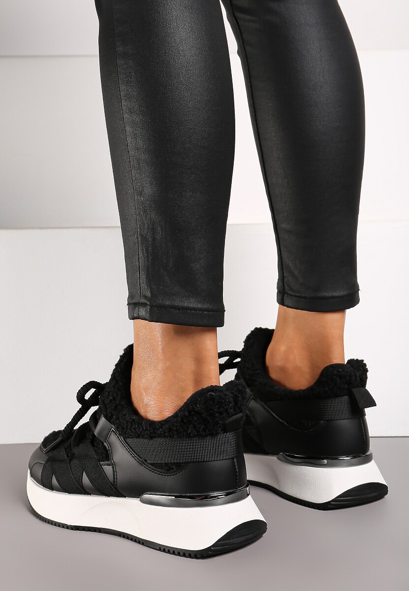Czarne Sneakersy Zimowe z Futerkiem Barankiem na Niskiej Platformie Zinethia 3