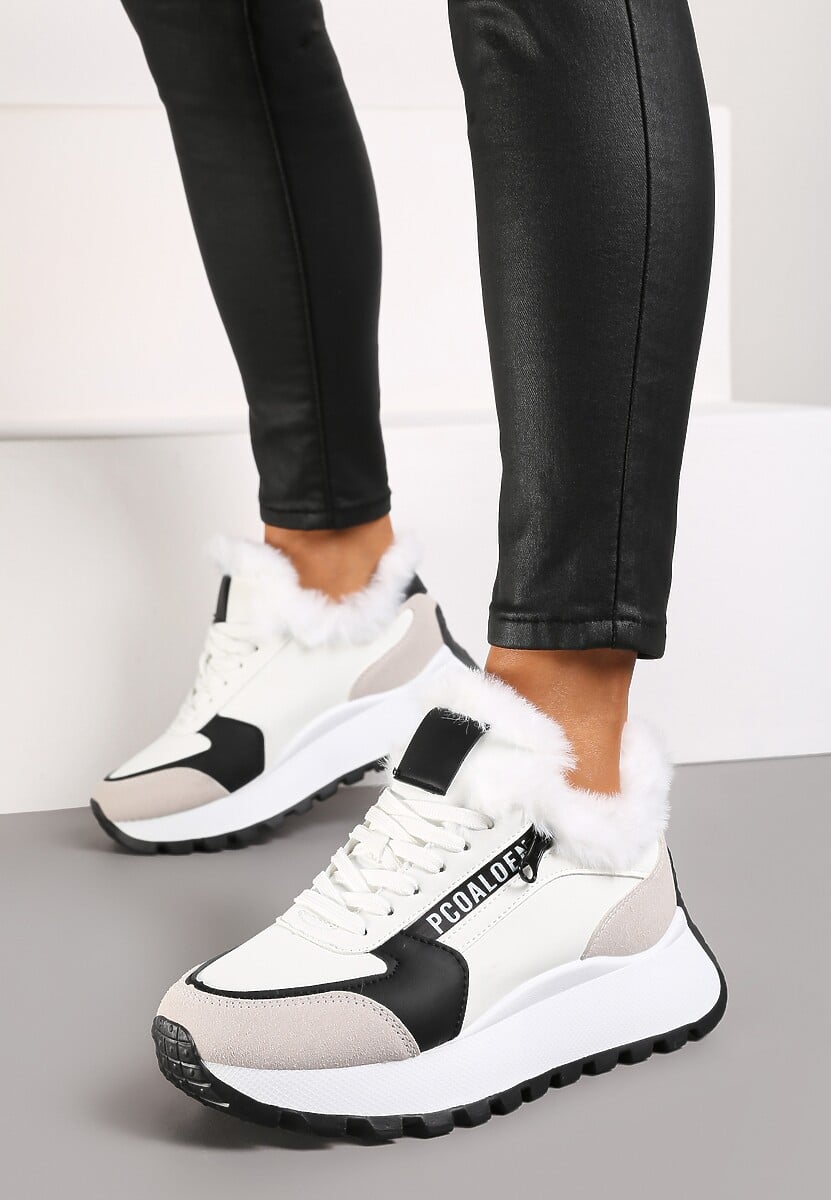 Białe Sneakersy na Platformie z Napisem Sznurowaniem i Futerkiem Vazina 2