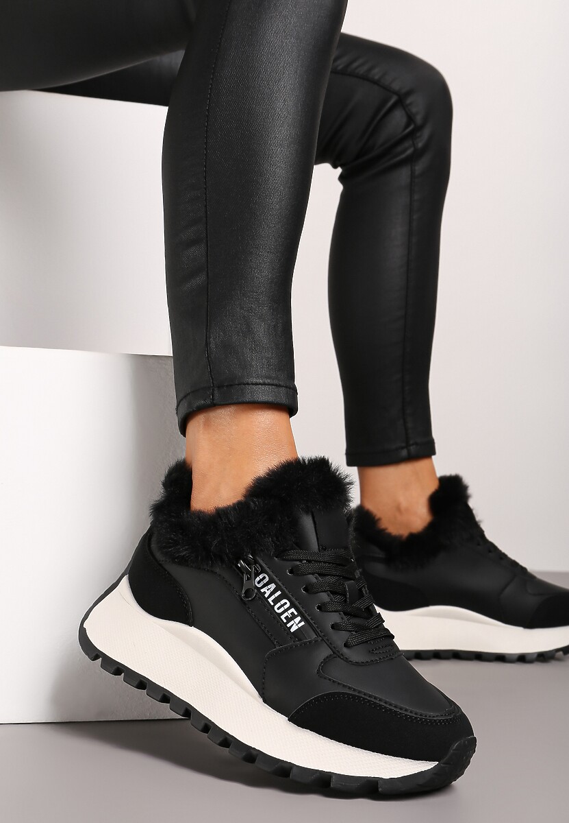Czarne Sneakersy na Platformie z Napisem Sznurowaniem i Futerkiem Vazina 1