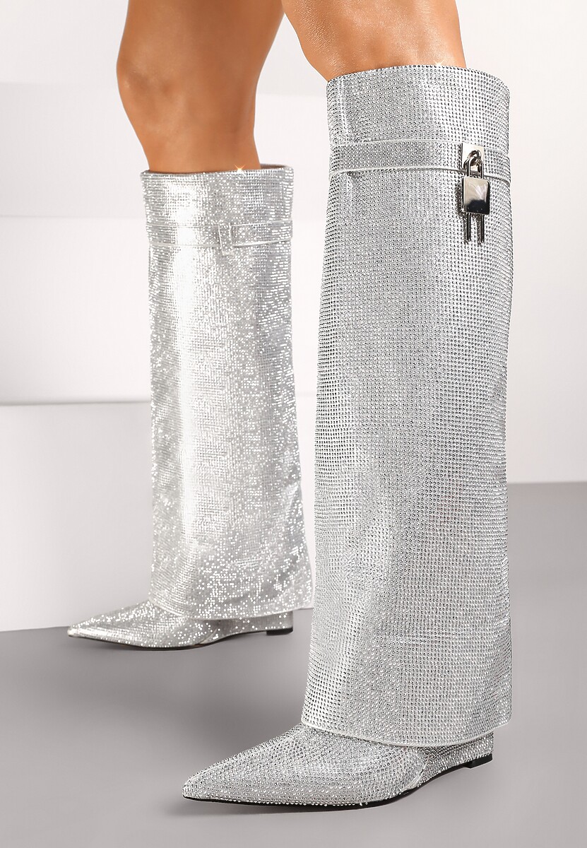 Srebrne Kozaki na Koturnie z Cholewką Imitującą Nogawkę Zdobione Cyrkoniami Zinolea 1