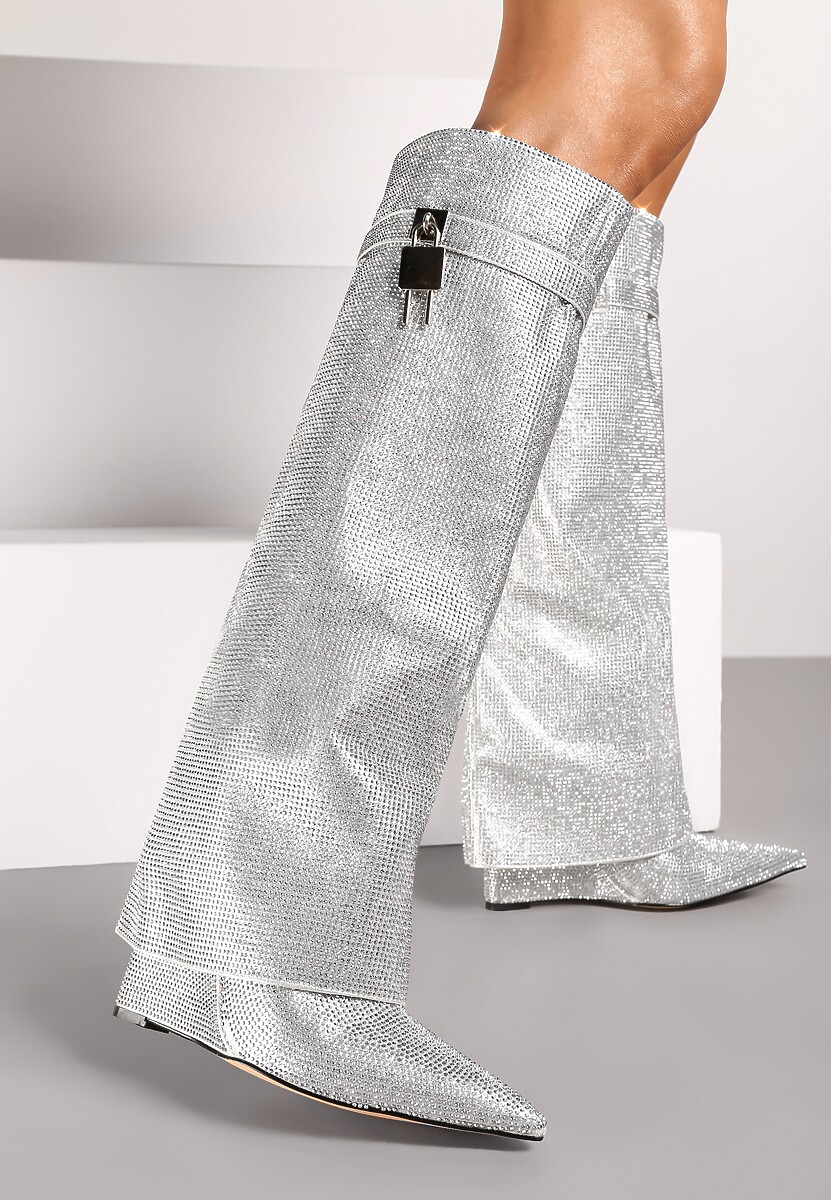 Srebrne Kozaki na Koturnie z Cholewką Imitującą Nogawkę Zdobione Cyrkoniami Zinolea 2