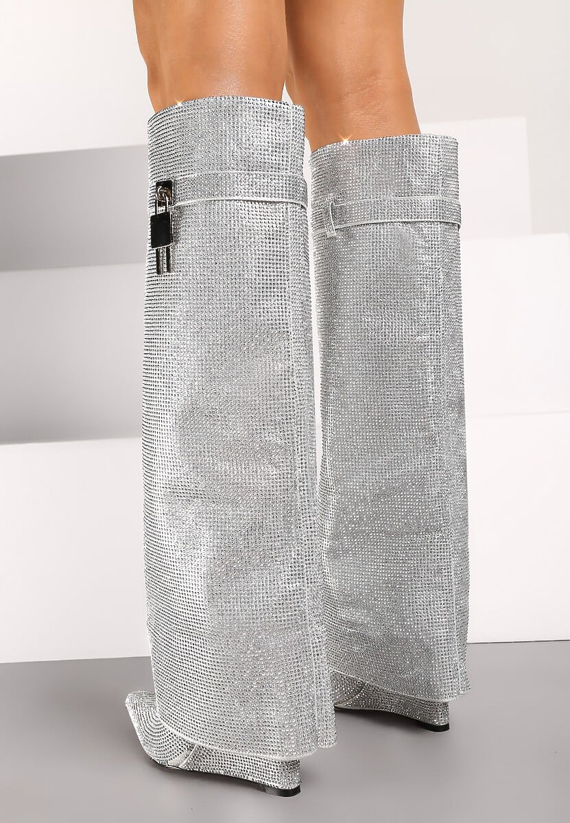 Srebrne Kozaki na Koturnie z Cholewką Imitującą Nogawkę Zdobione Cyrkoniami Zinolea 3