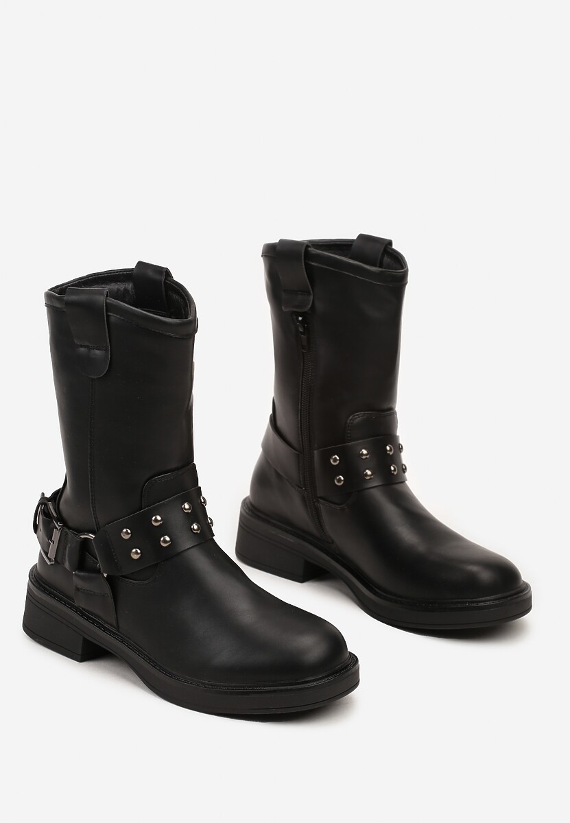 Czarne Motocyklowe Botki na Płaskiej Podeszwie Patina - Renee