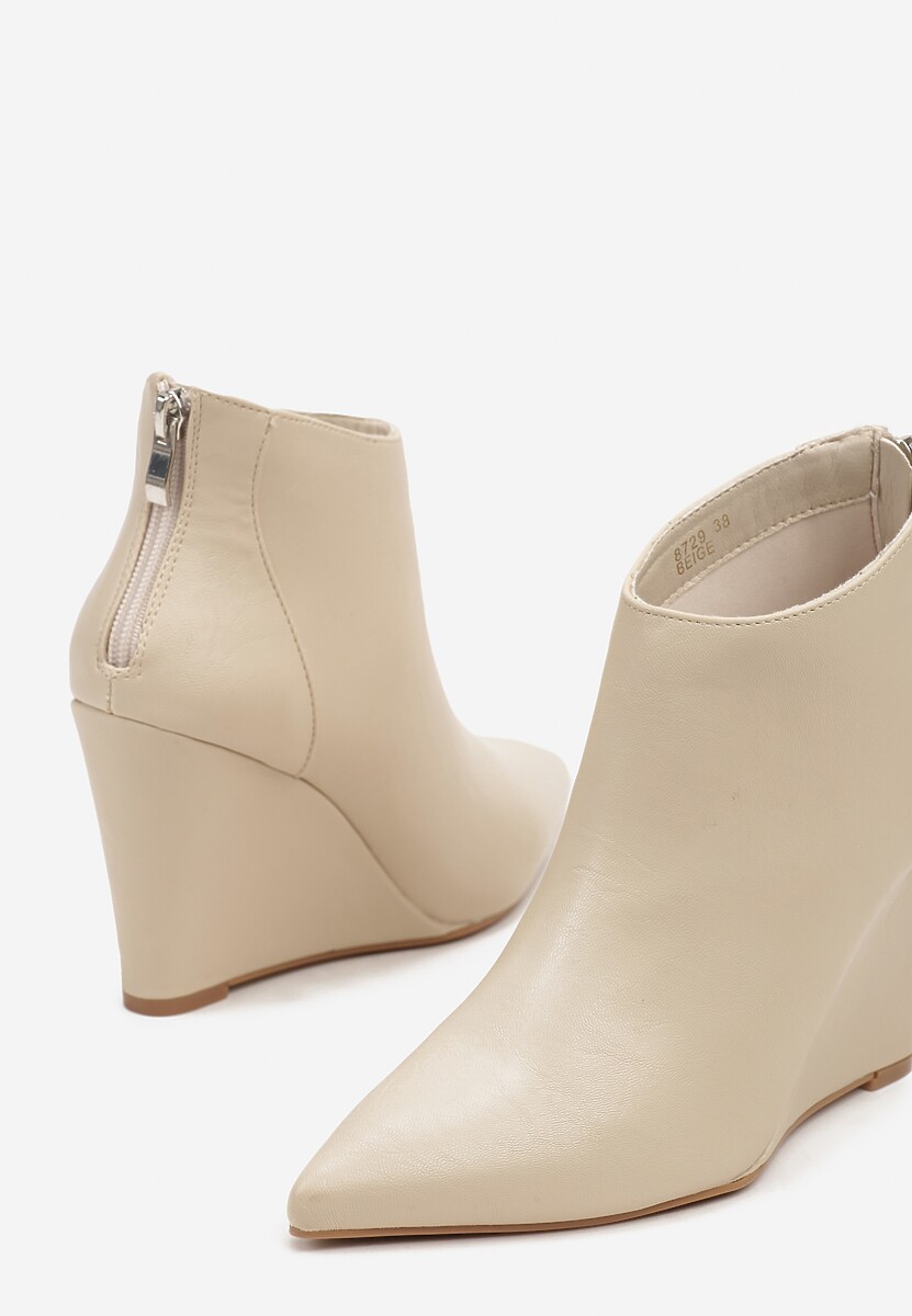 Beżowe Eleganckie Botki na Koturnie ze Szpiczastym Noskiem