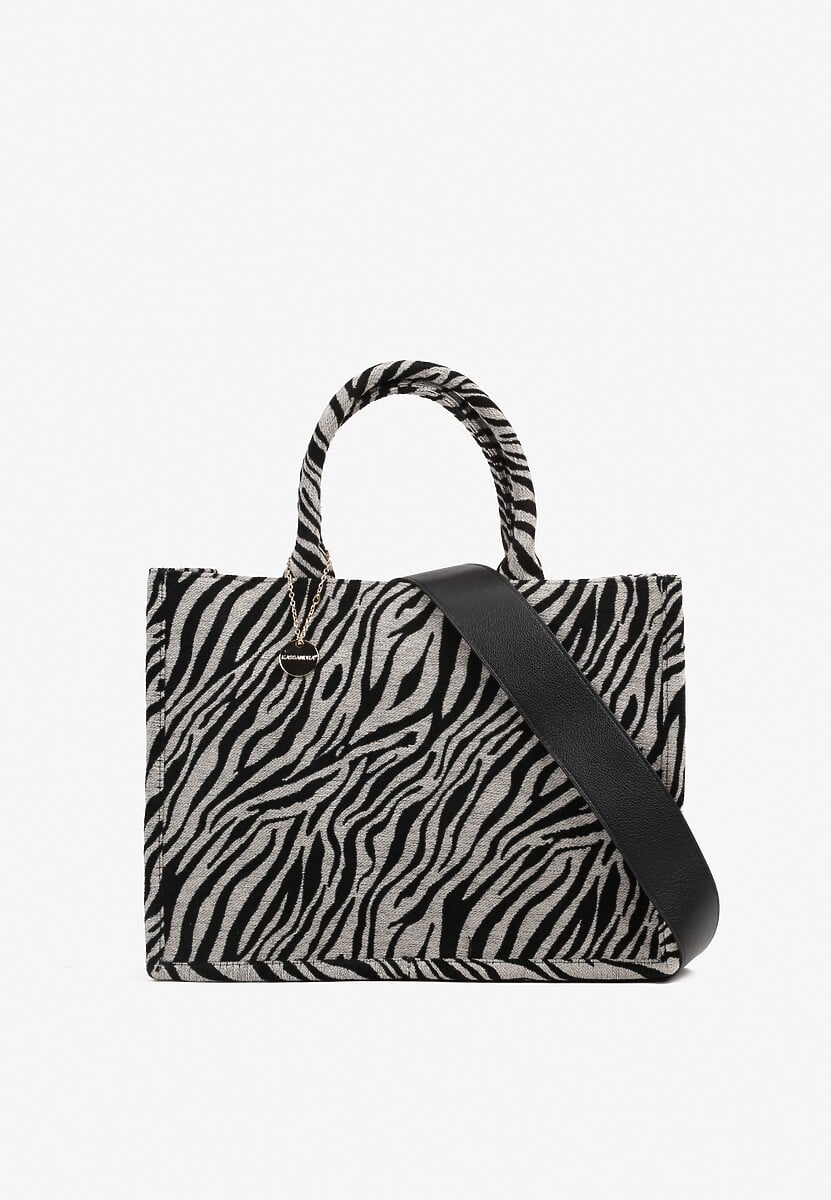 Czarno-Biała Torebka Typu Shopper w Animal Print z Rączkami i Paskiem Sintellea 1