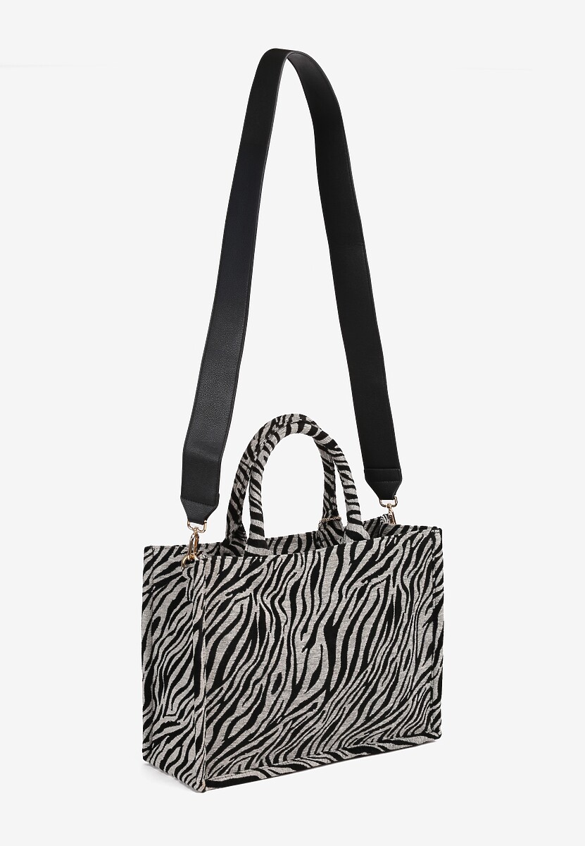 Czarno-Biała Torebka Typu Shopper w Animal Print z Rączkami i Paskiem Sintellea 2