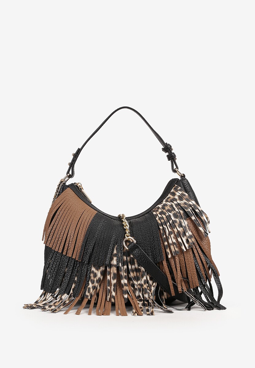 Brązowa Torebka na Ramię z Regulowanym Paskiem Zdobiona Frędzlami w ...