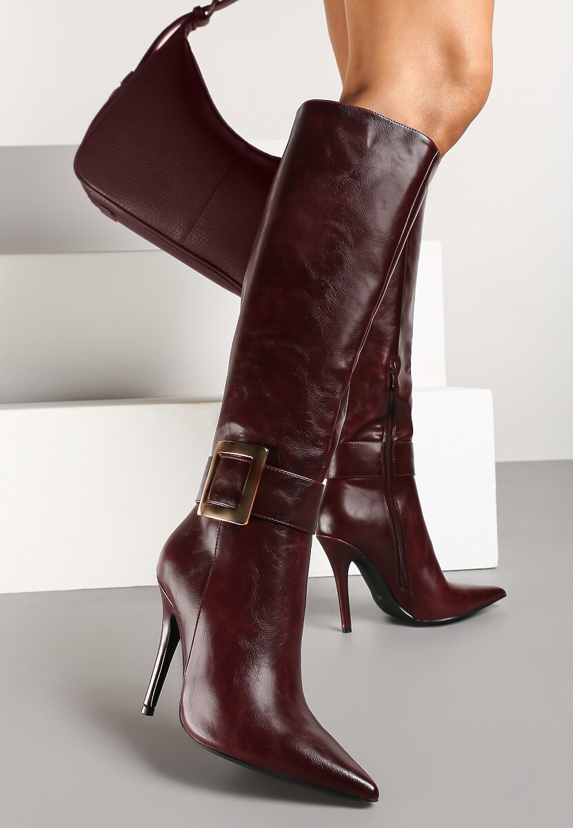 Bordowe Kozaki na Szpilce z Metaliczną Klamrą Evelinna 1