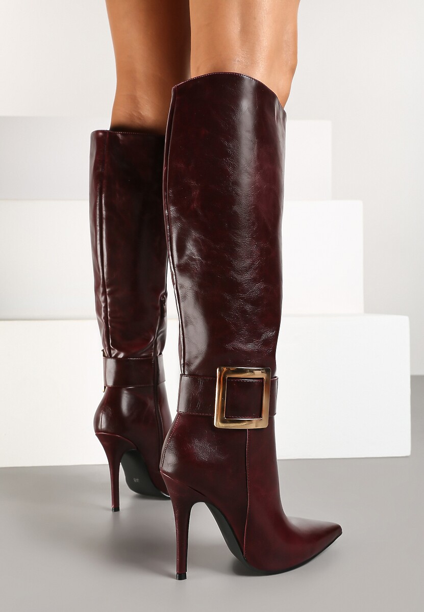 Bordowe Kozaki na Szpilce z Metaliczną Klamrą Evelinna 3