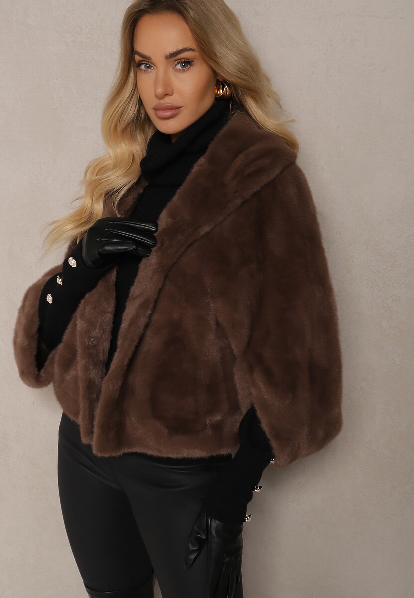 Brązowa Kurtka z Futerkiem w Stylu Nietoperza o Krótkim Kroju Zemizia 1