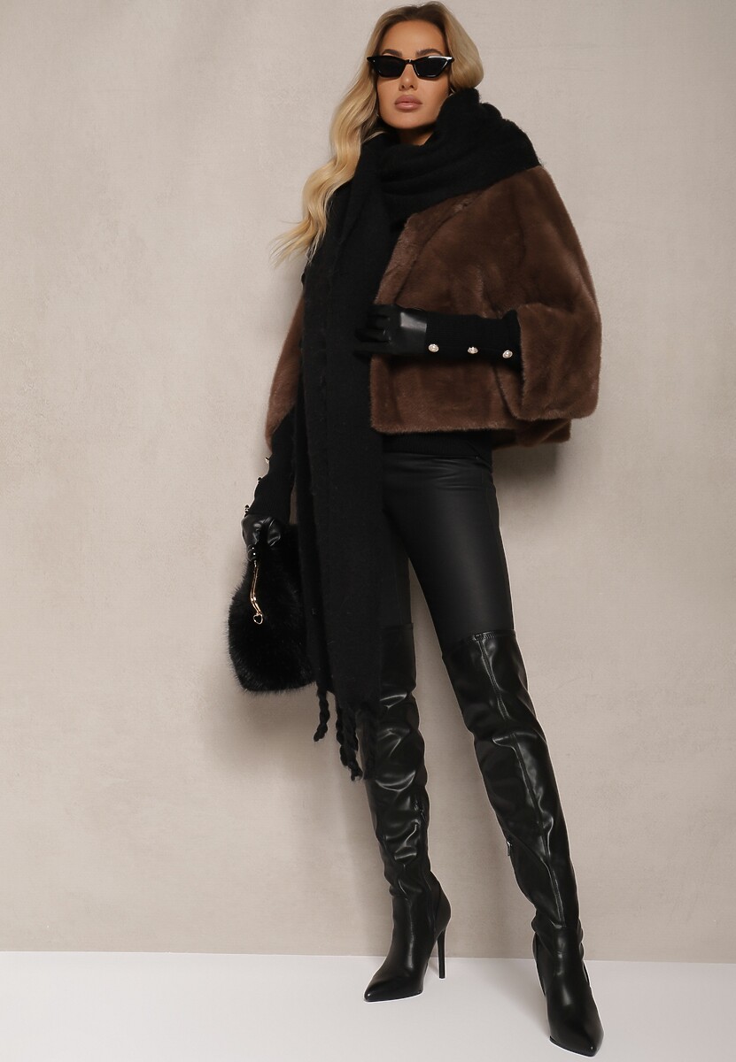 Brązowa Kurtka z Futerkiem w Stylu Nietoperza o Krótkim Kroju Zemizia 2