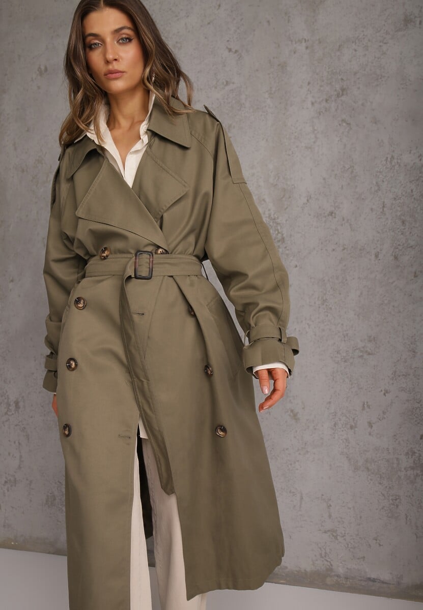 Zielony Oversizowy Płaszcz Trencz o Dwurzędowym Kroju z Paskiem Darinella 1