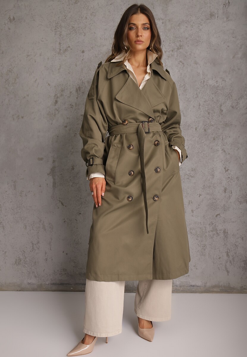 Zielony Oversizowy Płaszcz Trencz o Dwurzędowym Kroju z Paskiem Darinella 2