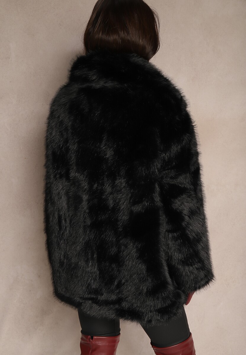 Czarna Futerkowa Kurtka z Kieszeniami i Obszernym Kołnierzem Avalentora 3