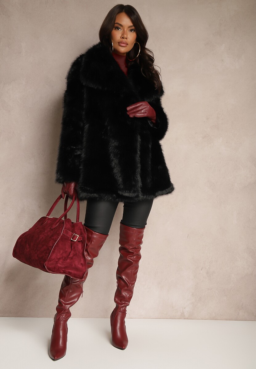 Czarna Futerkowa Kurtka z Kieszeniami i Obszernym Kołnierzem Avalentora 2