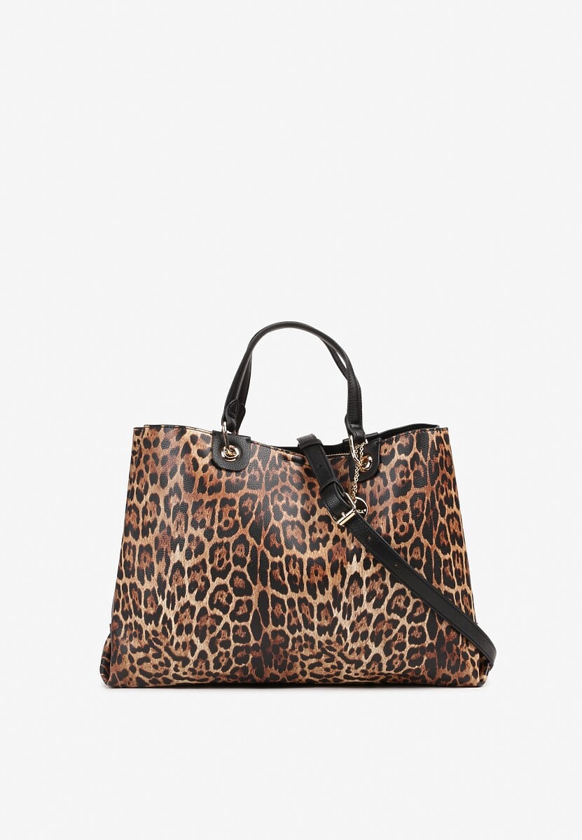 Brązowa Torebka Typu Shopper w Panterkowy Print Zdobiona Breloczkiem Lorinara 1