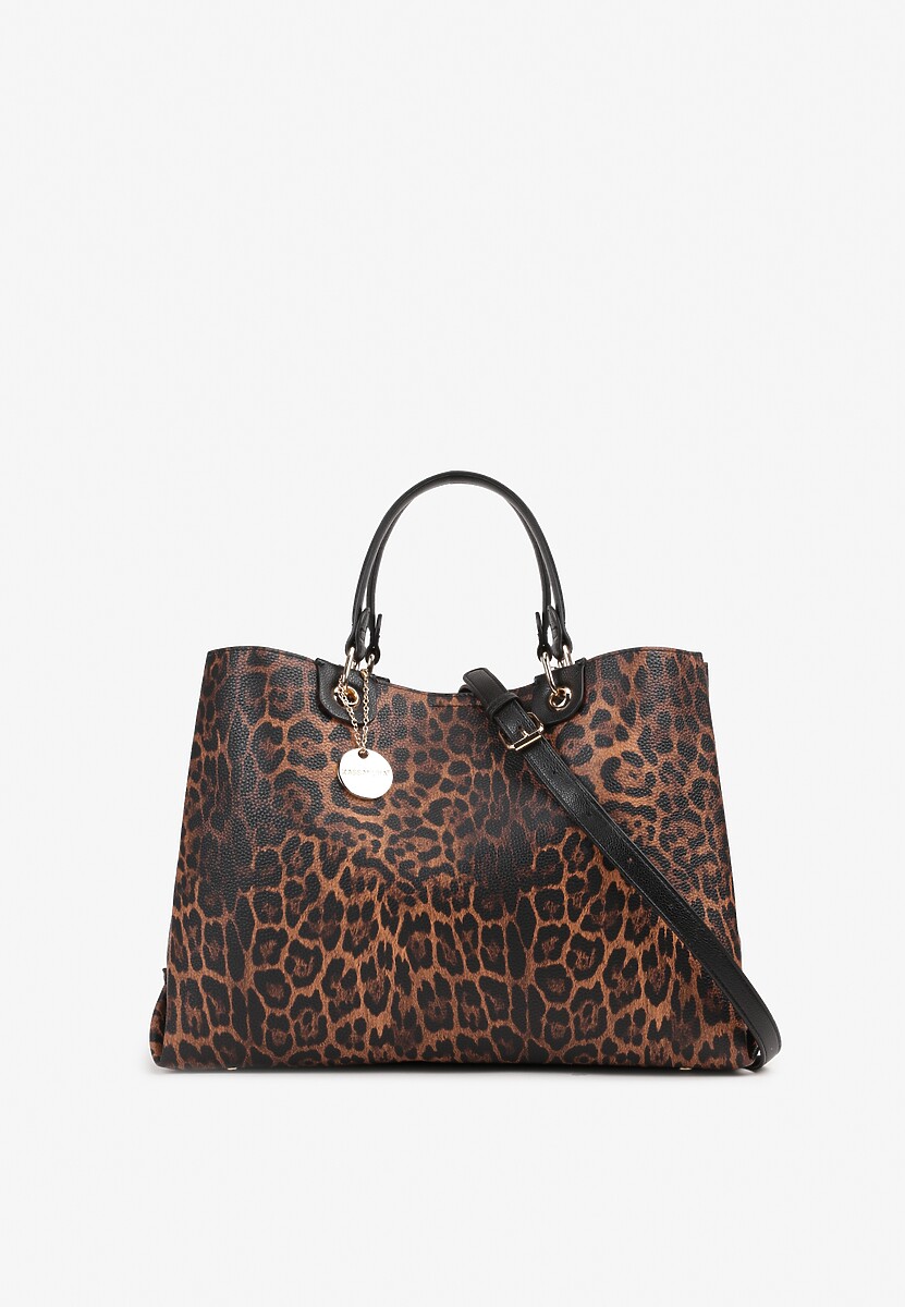 Brązowa Torebka Typu Shopper w Panterkowy Print Zdobiona Breloczkiem Lorinara 1