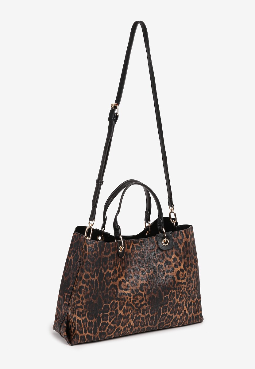 Brązowa Torebka Typu Shopper w Panterkowy Print Zdobiona Breloczkiem Lorinara 2