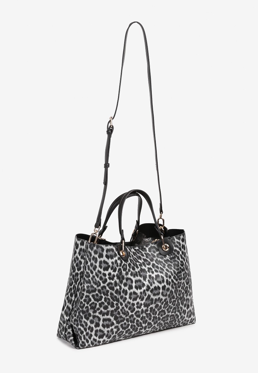 Szara Torebka Typu Shopper w Panterkowy Print Zdobiona Breloczkiem Lorinara 2