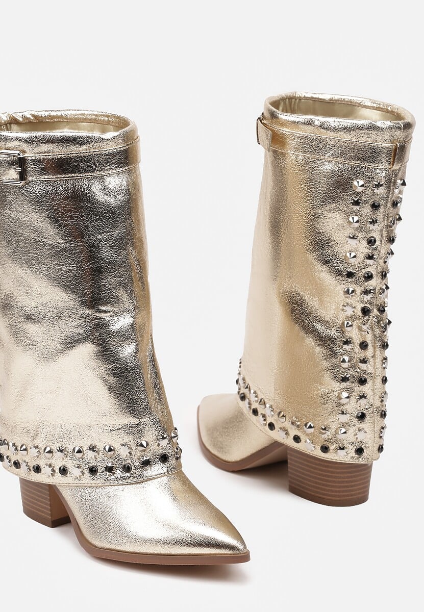 Złote Kozaki Kowbojki na Słupku Ozdobione Klamrą Ćwiekami i