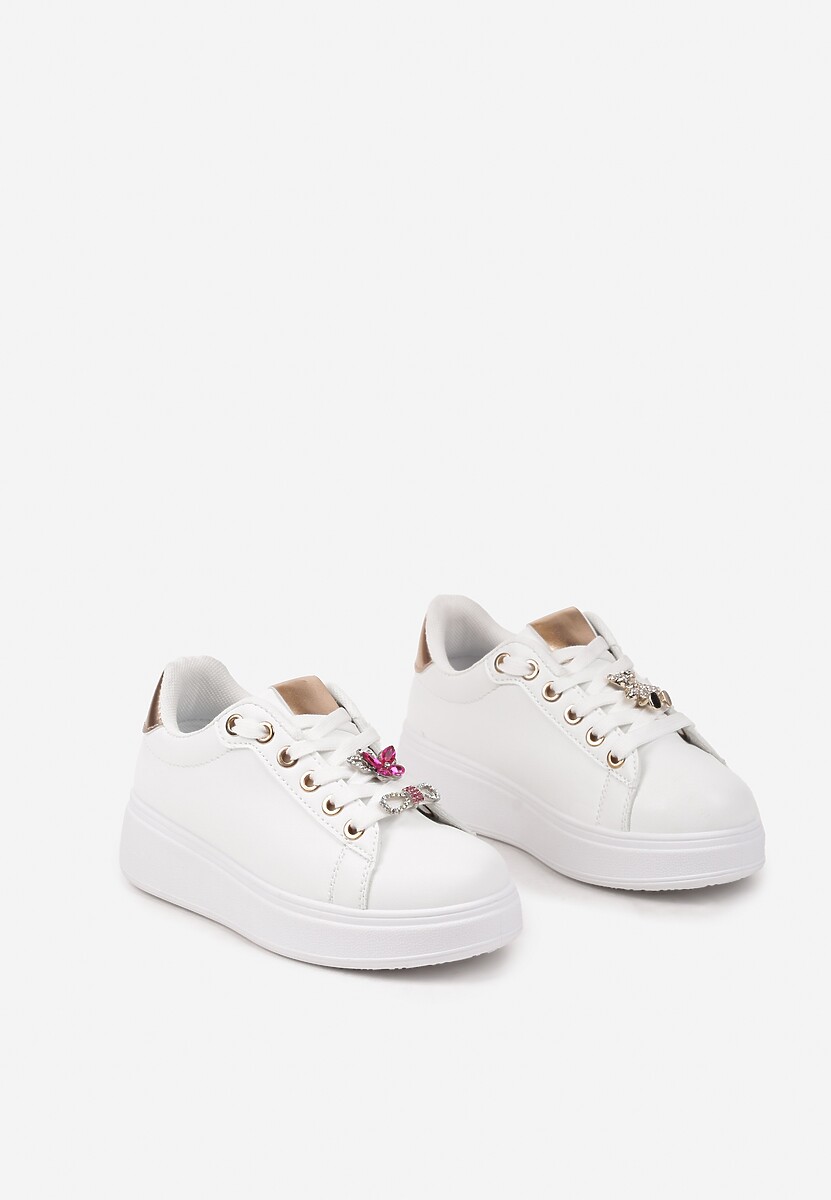 Biało-Szampańskie Płaskie Sneakersy ze Sznurowaniem i Cyrkoniowymi Ozdobami Valentara 2