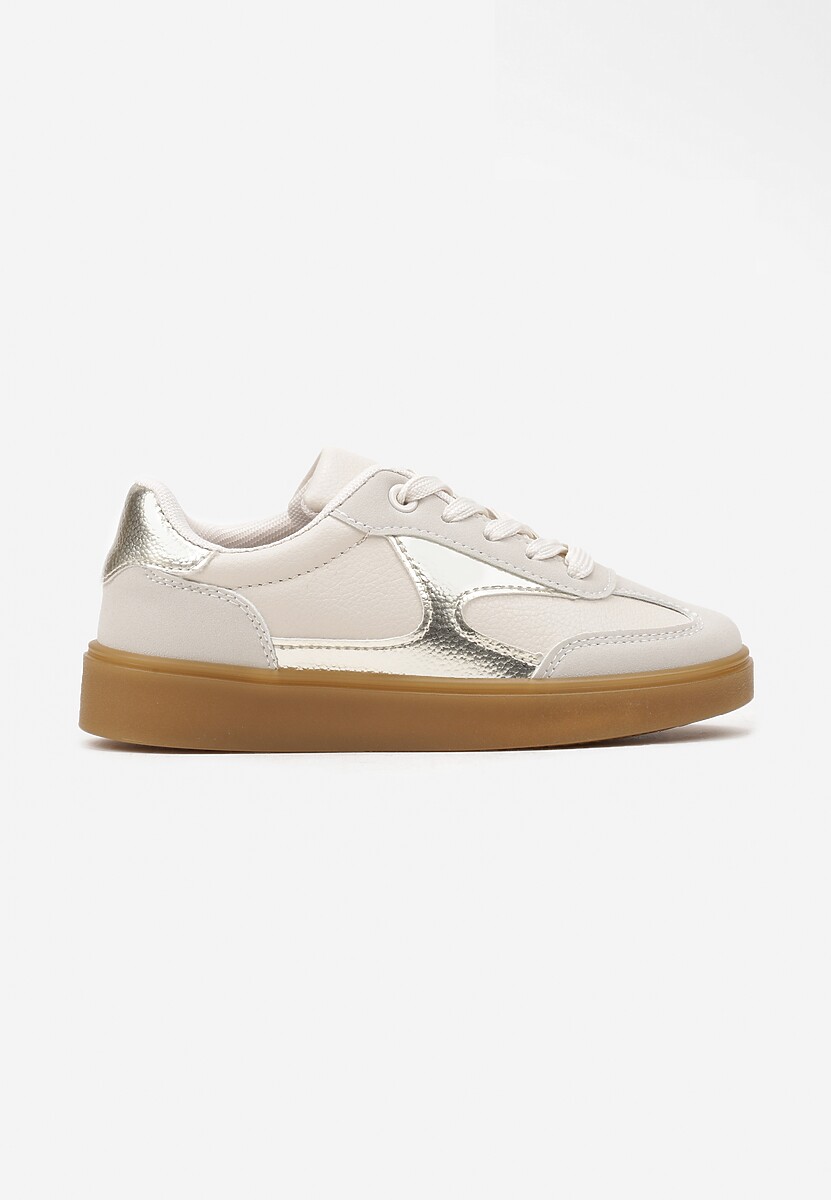 Beżowe Buty Sportowe Sneakersy ze Sznurowaniem Ozdobione Metalicznymi Elementami Dinilie 1
