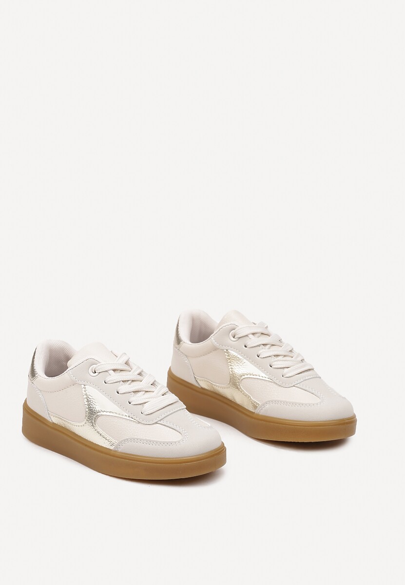 Beżowe Buty Sportowe Sneakersy ze Sznurowaniem Ozdobione Metalicznymi Elementami Dinilie 2