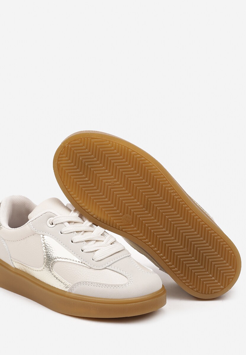 Beżowe Buty Sportowe Sneakersy ze Sznurowaniem Ozdobione Metalicznymi Elementami Dinilie 3