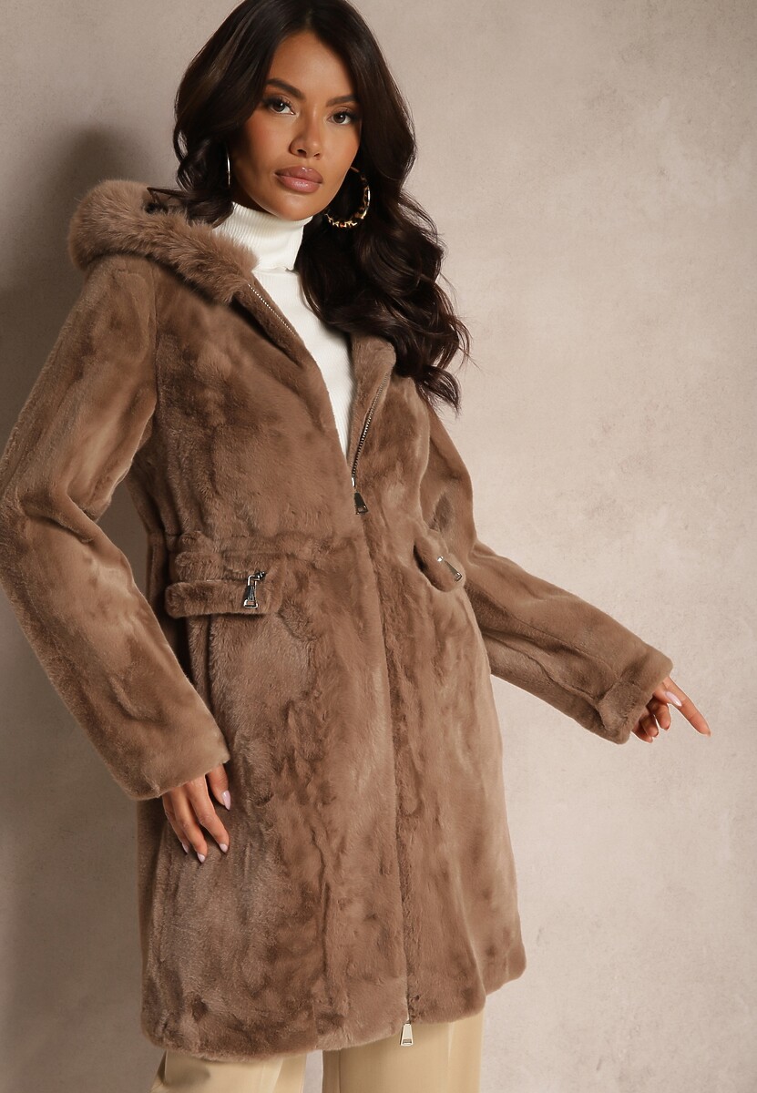 Brązowy Płaszcz Futerkowy o Prostym Kroju z Kapturem Zapinany na Suwak Hedilira 1