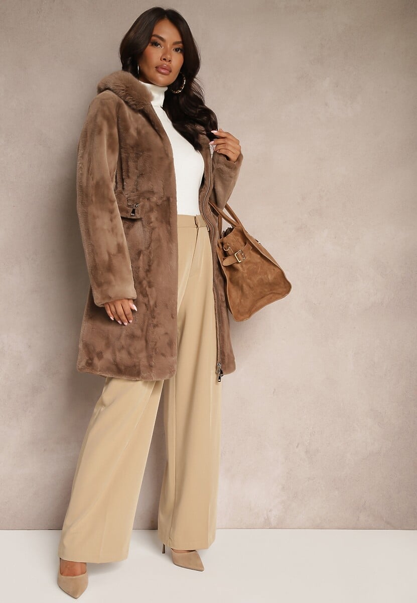 Brązowy Płaszcz Futerkowy o Prostym Kroju z Kapturem Zapinany na Suwak Hedilira 2