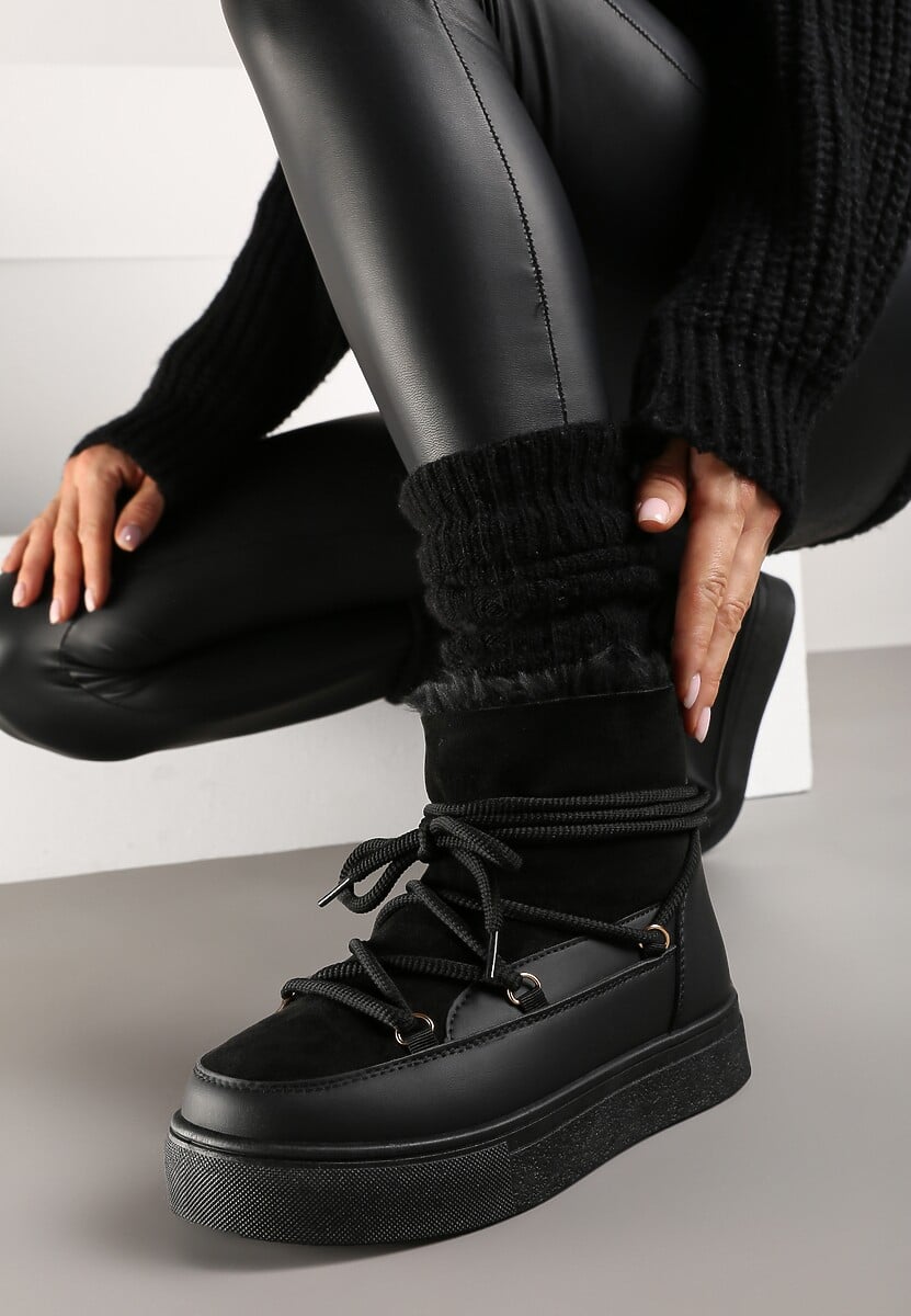 Czarne Sznurowane Śniegowce na Platformie Izastria 1