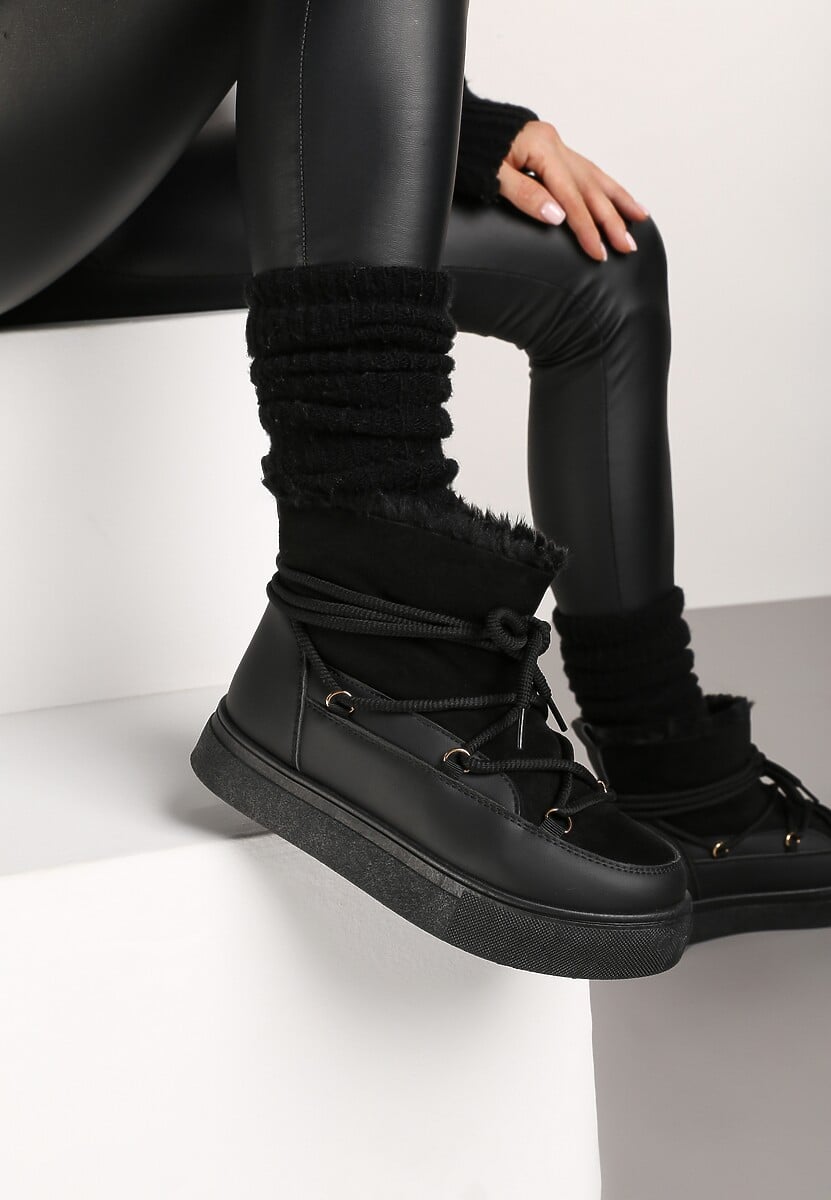 Czarne Sznurowane Śniegowce na Platformie Izastria 2