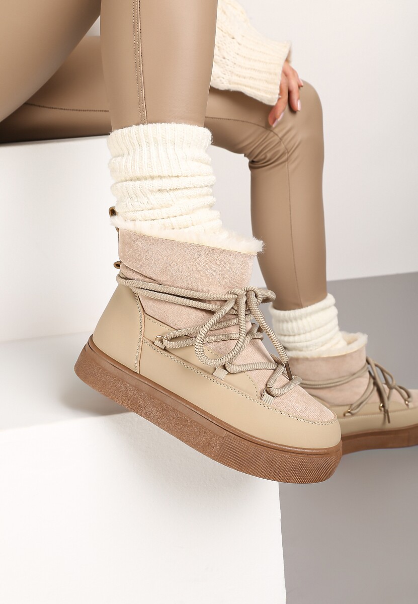 Ciemnobeżowe Sznurowane Śniegowce na Platformie Izastria 3