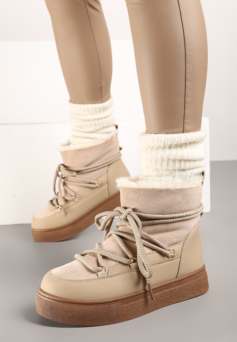 Ciemnobeżowe Sznurowane Śniegowce na Platformie Izastria 1