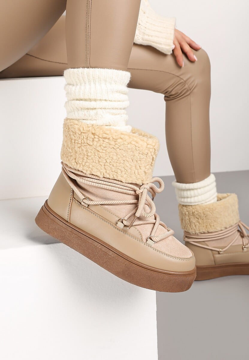Ciemnobeżowe Śniegowce Futerkowe na Platformie ze Sznurowaną Cholewką Izalithia 1