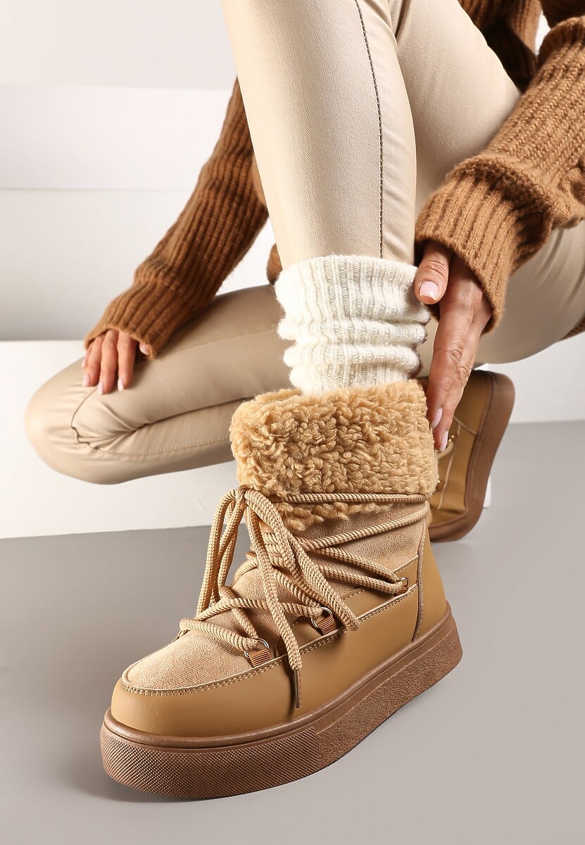 Brązowe Śniegowce Futerkowe na Platformie ze Sznurowaną Cholewką Izalithia 2