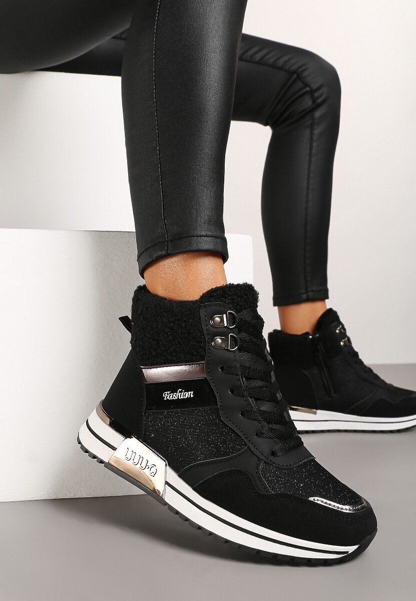 Czarne Sneakersy Zdobione Metaliczną Aplikacją Brokatem i Futrem Saliriel 1