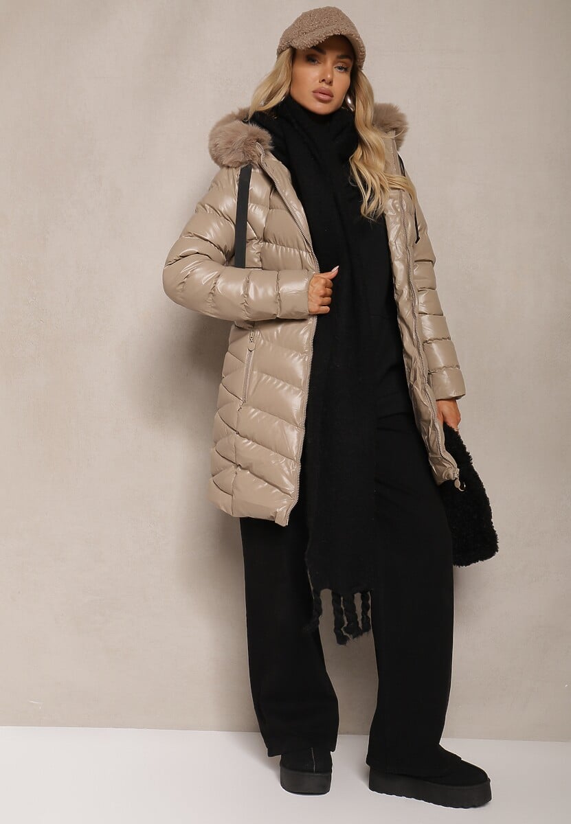 Beżowa Kurtka Pikowana  o Długim Kroju Ozdobiona Sznurkami i Odpinanym Futerkiem Lorrina 2