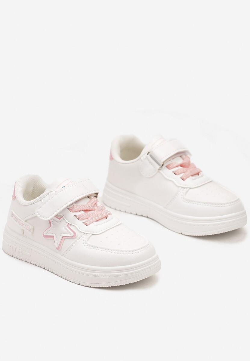 Biało-Różowe Sznurowane Buty Sportowe Sneakersy na Płaskiej Podeszwie Ozdobione Gwiazdką Sianis 2