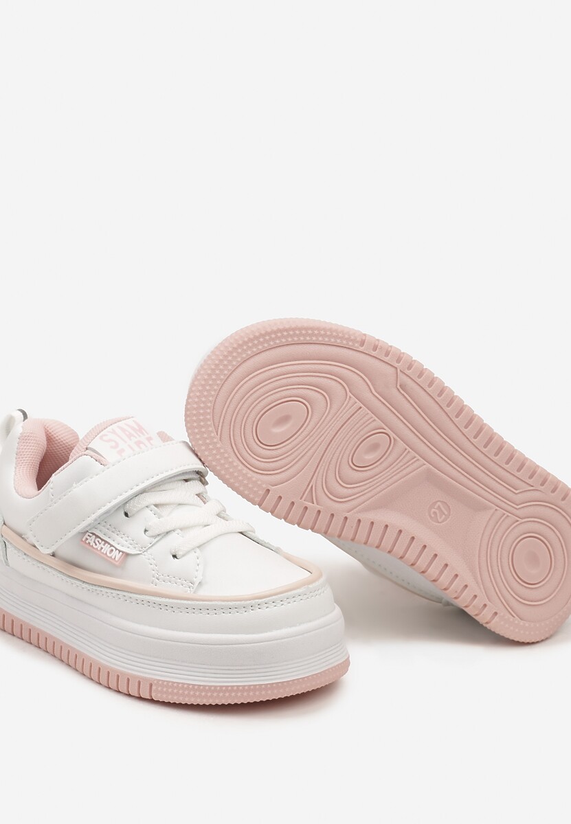 Biało-Różowe Sznurowane Buty Sportowe Sneakersy na Platformie z Wkładką ze Skóry z Napisem Virinna 3