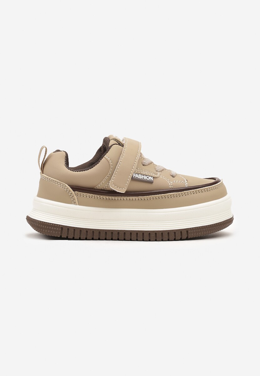 Ciemnobeżowe Sznurowane Buty Sportowe Sneakersy na Platformie z Wkładką ze Skóry z Napisem Virinna 1
